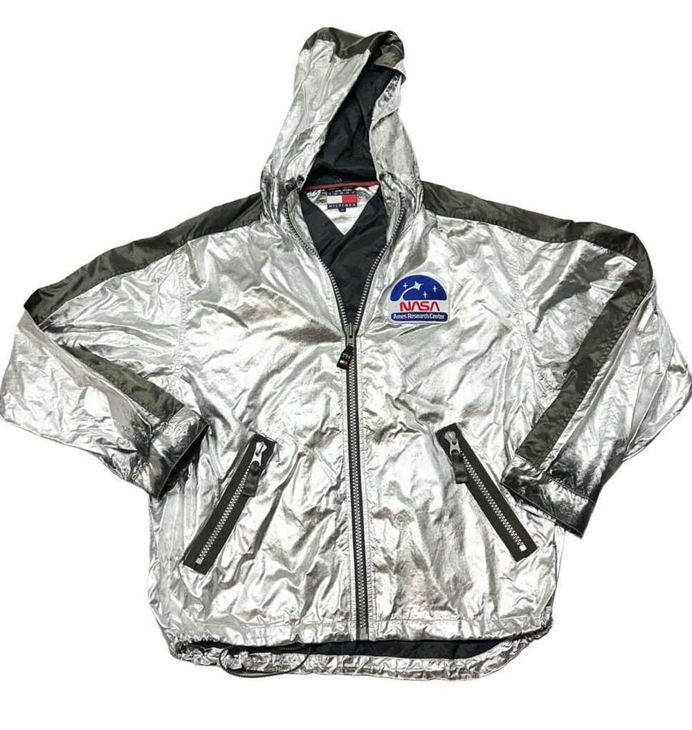 Vintage 90s Tommy Hilfiger NASA Ames Silver Metallic Jacket L Expedition Rare